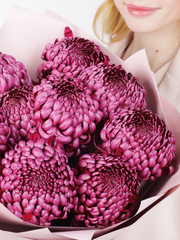 КРУГЛЫЙ БУКЕТ ИЗ ХРИЗАНТЕМЫ БИГУДИ 9 ШТ